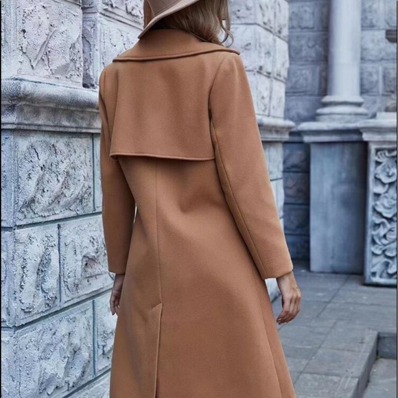 Double Breasted Button Trench Pea Coat Camel - Picture 3 of 7